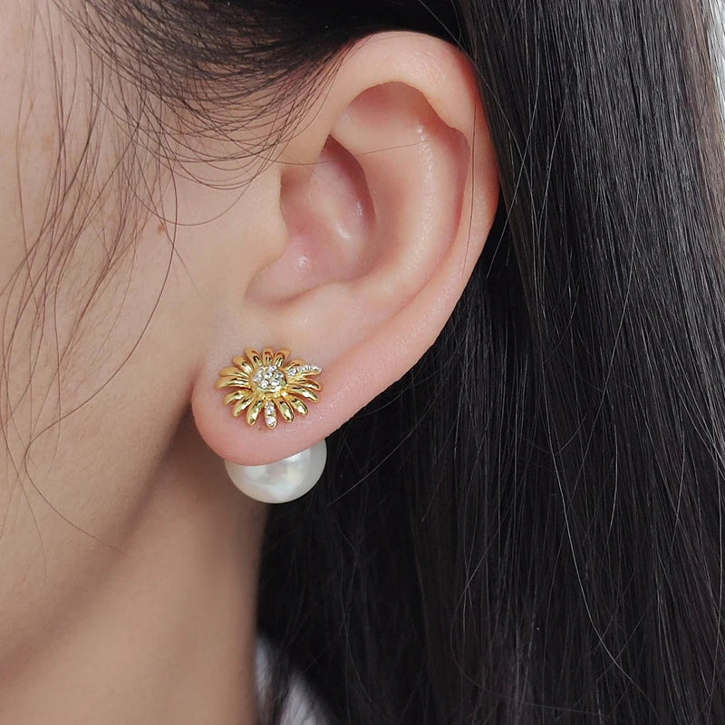 Silver Gold Plated 10mm Shell Pearl Daisy Flower Earrings for Women