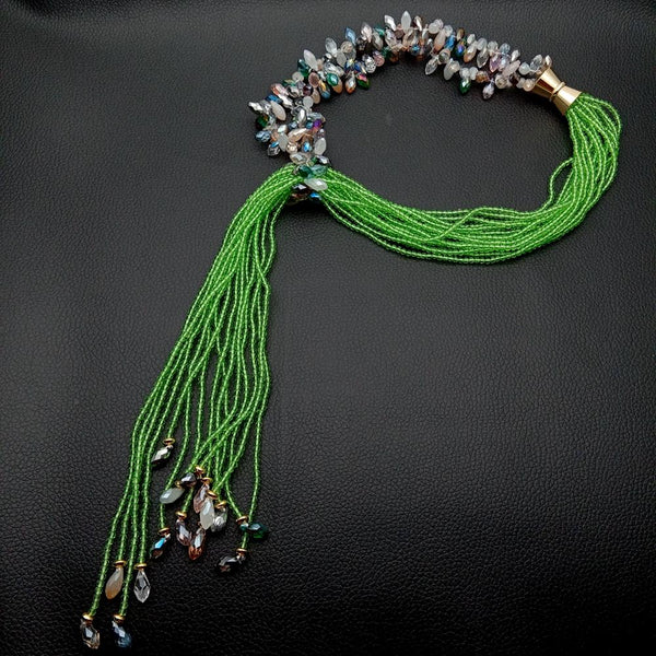 YYING 15 Rows Green Crystal Loop Long Asymmetric Necklace Lariat Necklace Jewelry