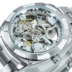 Stainless Steel Square Skeleton Automatic Watch with Engraved Movement for Men