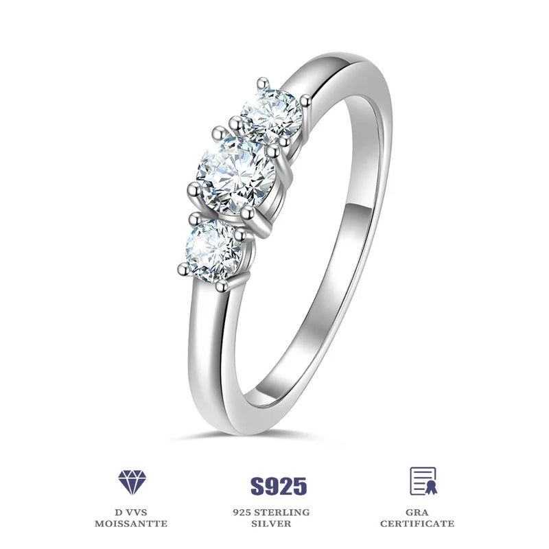 sterling silver three stone moissanite engagement ring for women