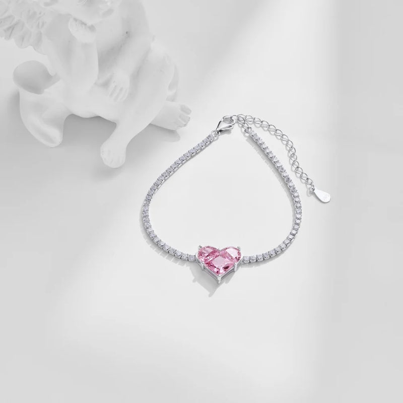 Sterling Silver Diamond Pink Heart Tennis Bracelet for Women