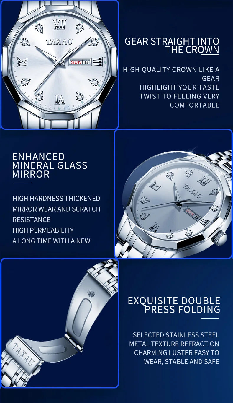 Stainless Steel Quartz Watch, Waterproof for Men