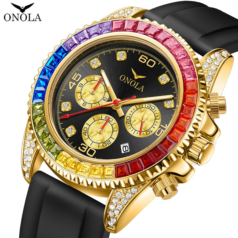 Stainless Steel Colored Diamond High-Quality Quartz Watch for Men