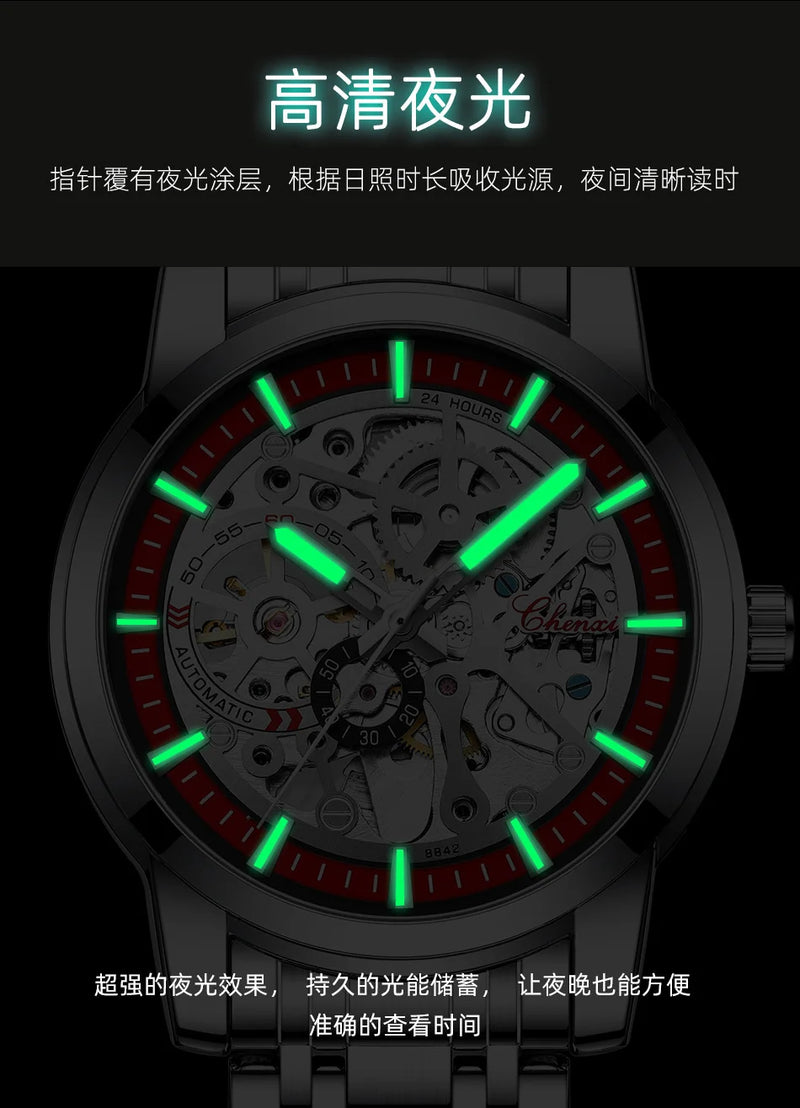 Solid Steel Automatic Hollow Luminous Mechanical Watch for Men