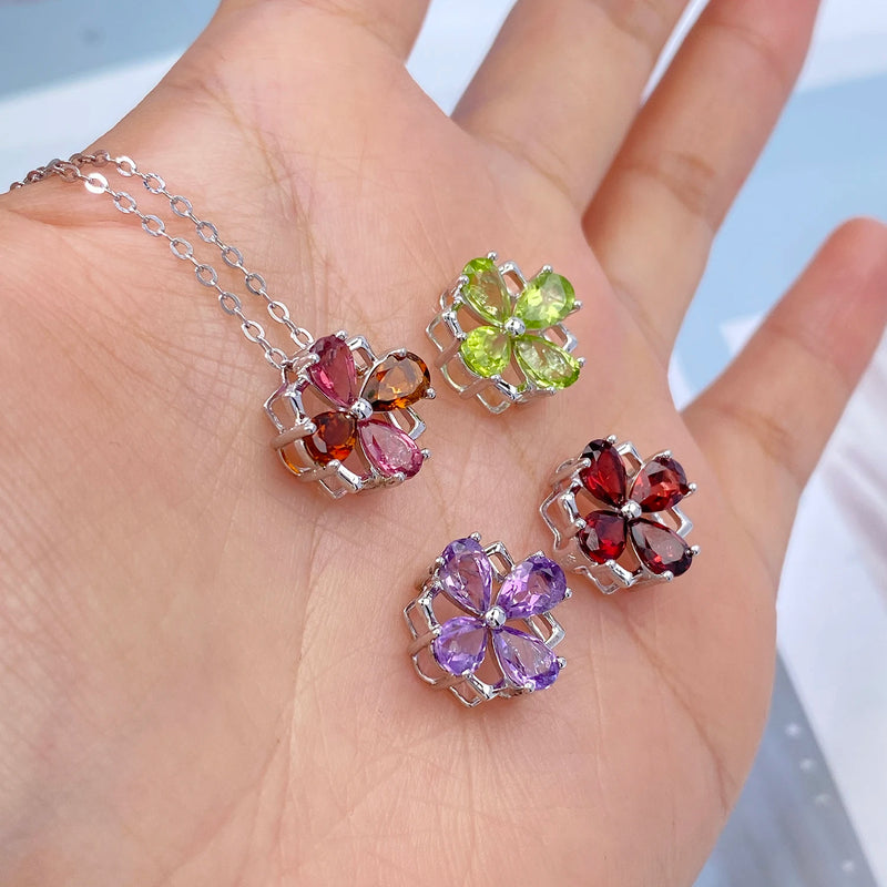 Sterling Silver 925 Natural Purple Amethyst Peridot Garnet Tourmaline Necklace for Women