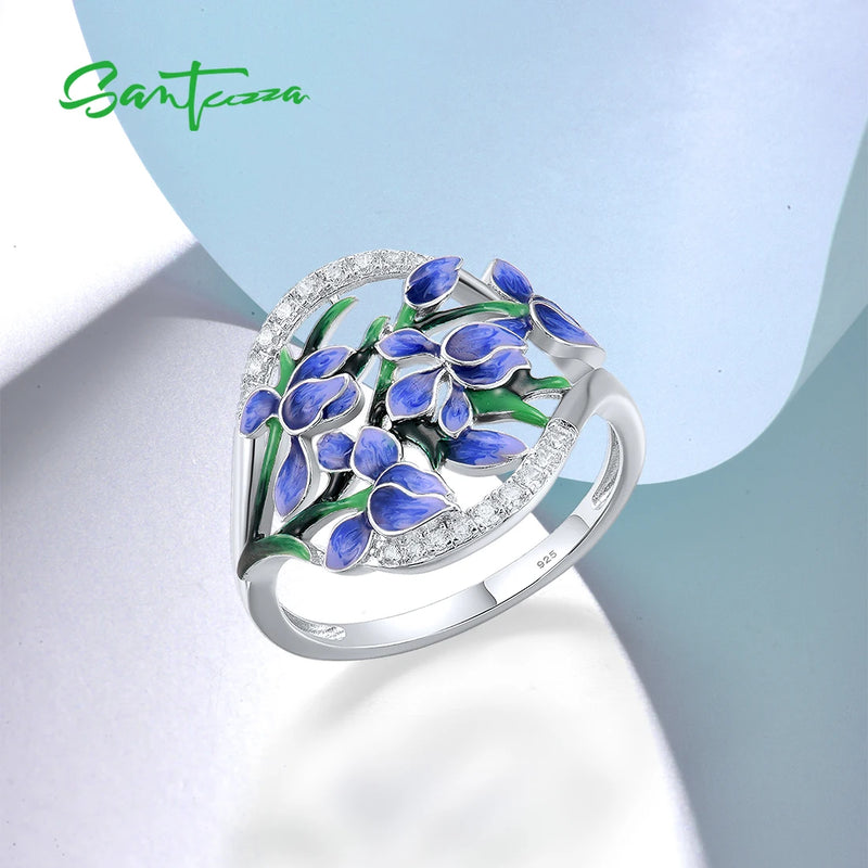 Sterling Silver White CZ Blue Orchid Flower Enamel Rings for Women