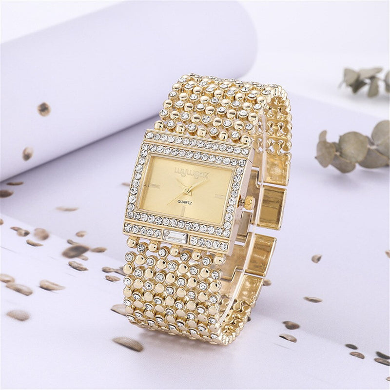 Stainless Steel Diamond Accented Quartz Square Watch for Women