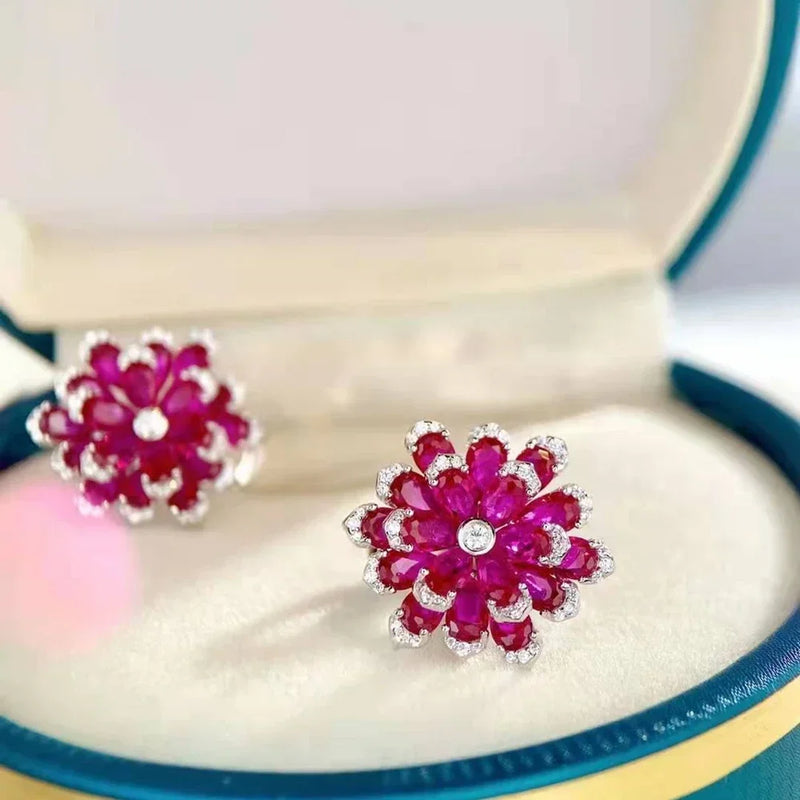 925 Sterling Silver Ruby & Diamond Flower Earrings for Women