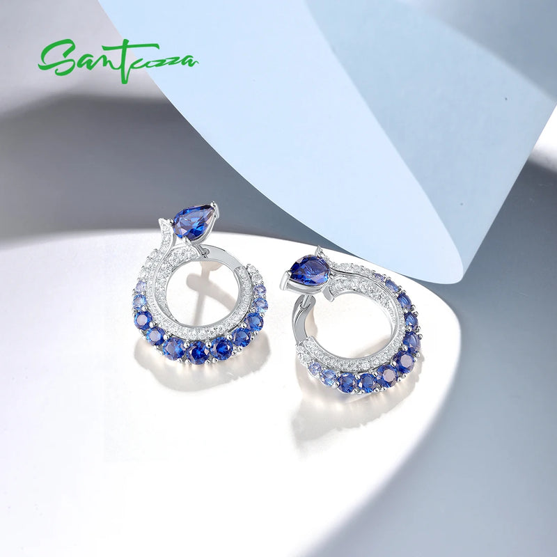 Sterling Silver Drop Earrings with White CZ and Blue Spinel