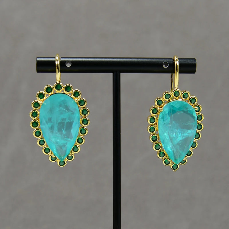 Gold Plated Green Quartz & Zircon Crystal Dangle Earrings For Lady