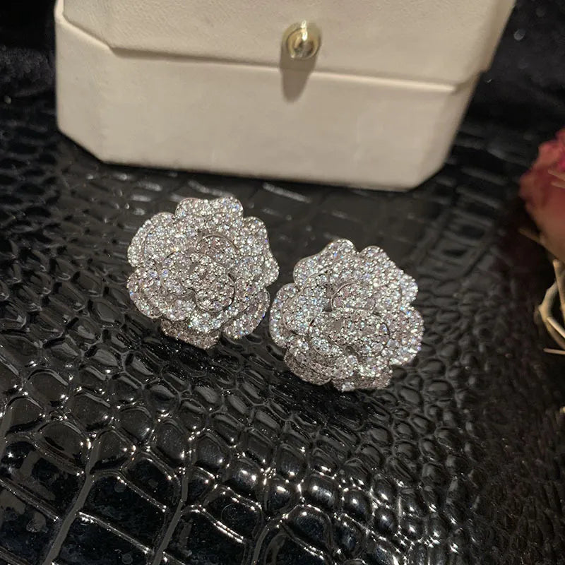 925 Silver Cubic Zirconia Camellia Flower Stud Earrings for Women