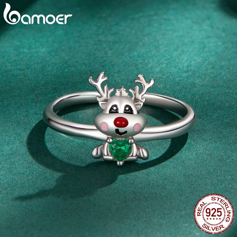 Sterling Silver Green Zircon Reindeer Adjustable Ring for Women