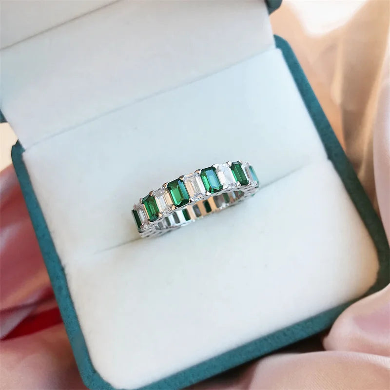 Sterling Silver Wedding & Engagement Ring with Emerald & Moissanite for Women