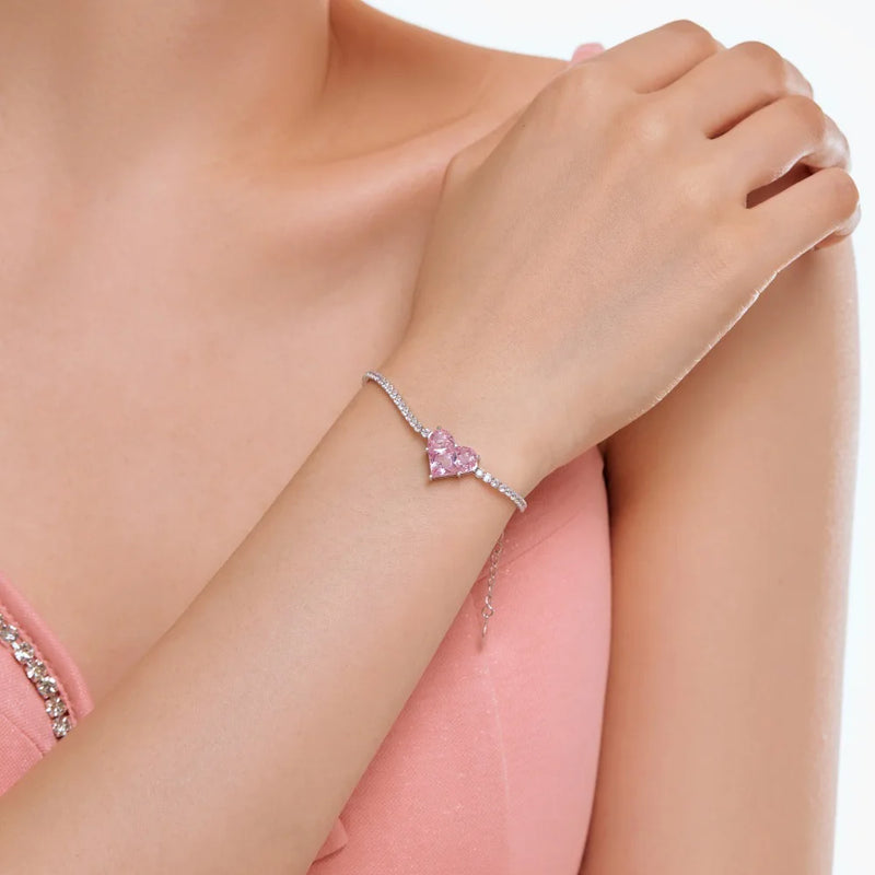 Sterling Silver Diamond Pink Heart Tennis Bracelet for Women