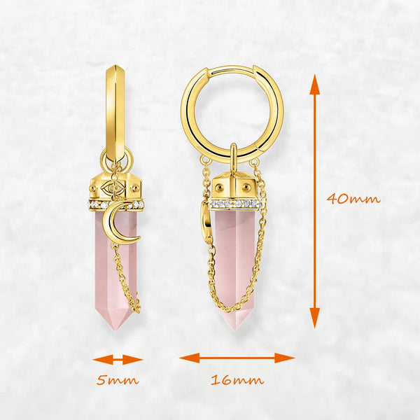 925 Sterling Silver Gold Plated Moon Rose Quartz Hexagonal Hoop Earrings for Women