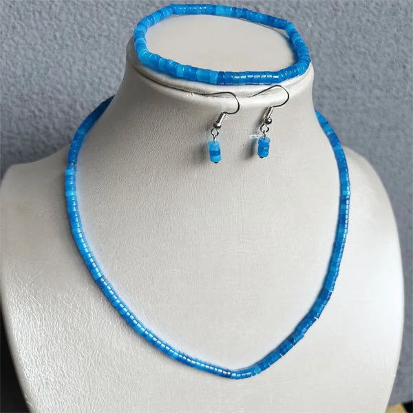 Sterling Silver 4MM Sea Blue Jade Jewelry Set Necklace Earrings Bracelet Chain Choker for Women