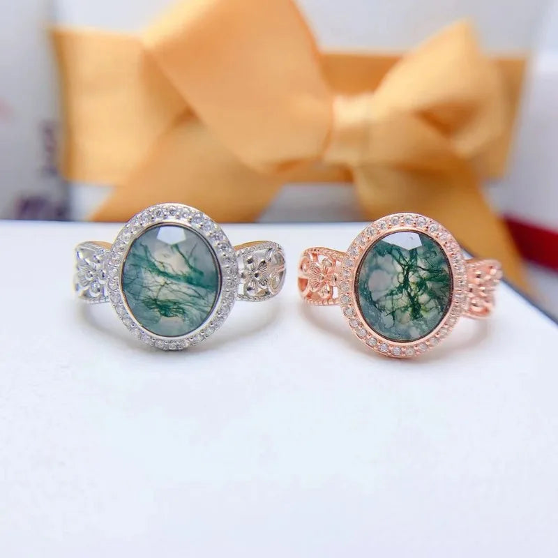 925 Sterling Silver Gold Plated Moss Agate Ring for Women