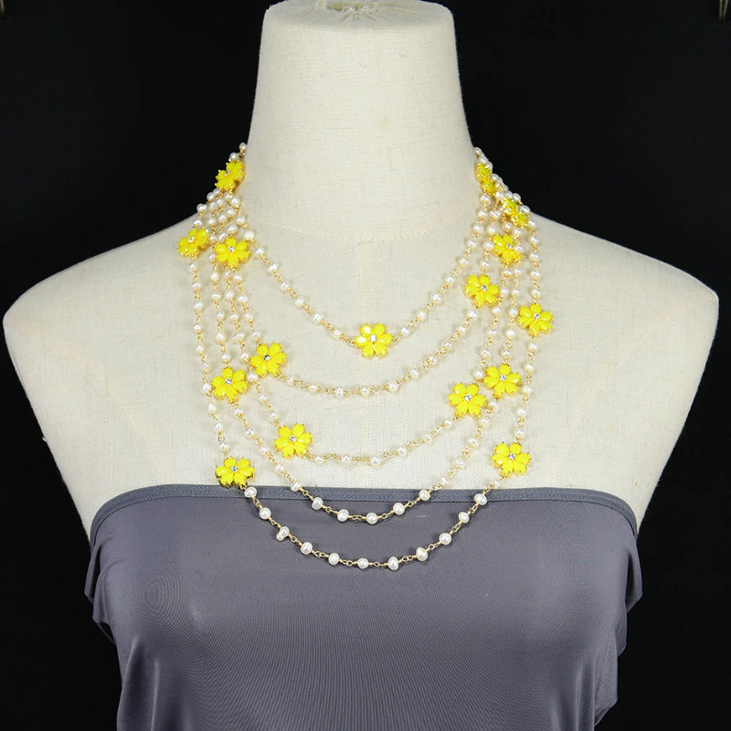 Gold Plated White Pearl 5 Rows Necklace with Yellow Jade Crystal Flower Connector for Women