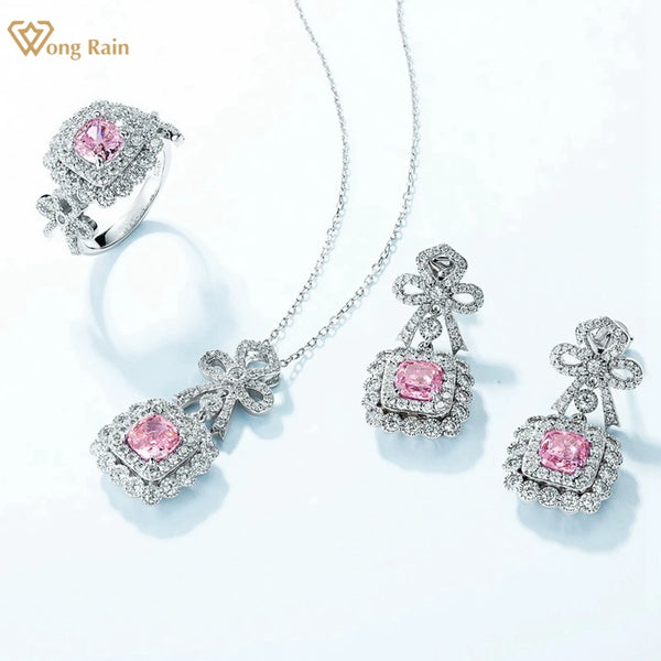 Wong Rain 925 Sterling Silver Crushed Ice Cut 6*6MM Lab Pink Sapphire Gems Bowknot Pendant Necklace/Earrings/Ring Jewelry Sets