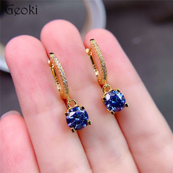 18K Yellow Gold Plate Blue Moissanite Diamond Drop Earrings for Women