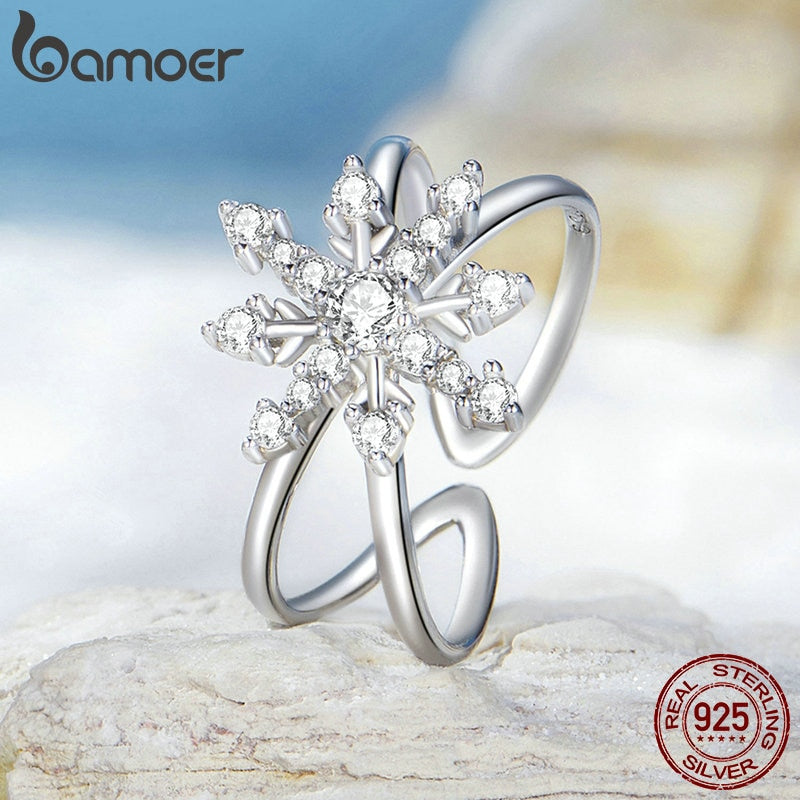 925 Sterling Silver Fantasy Snowflake Opening Geometric Adjustable Ring for Women