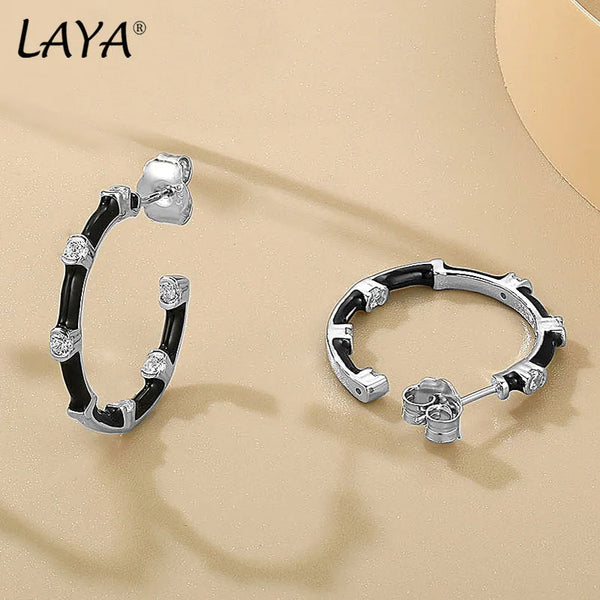 925 Sterling Silver Black Enamel Zircon Hoop Earrings for Women