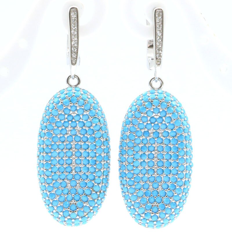 925 Sterling Silver Blue Turquoise Pendant Earrings Set for Ladies