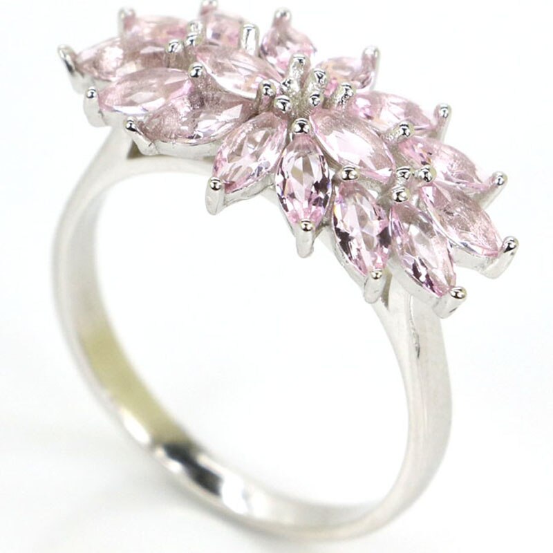 925 Sterling Silver Rose-Cut Green Emerald & Pink Kunzite Ring for Women