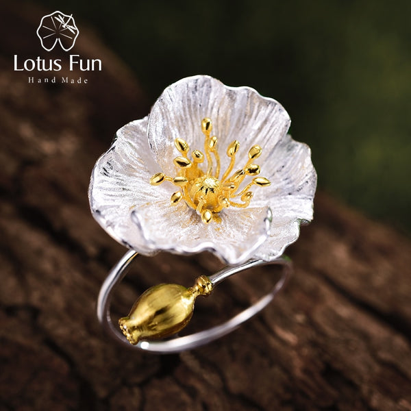 Sterling Silver Adjustable Blooming Poppies Flower Ring for Women