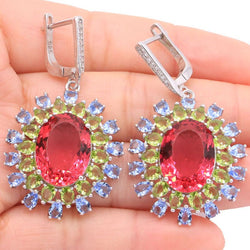 Sterling Silver 45x26mm Created Ruby, Tourmaline, and Peridot Earrings for Women