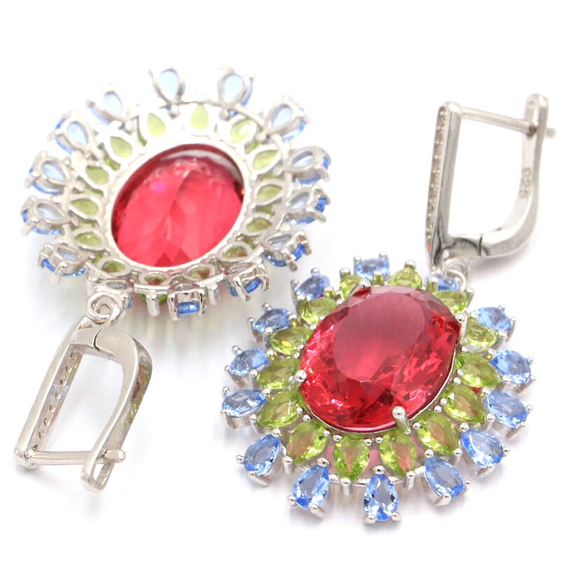 Sterling Silver 45x26mm Created Ruby, Tourmaline, and Peridot Earrings for Women