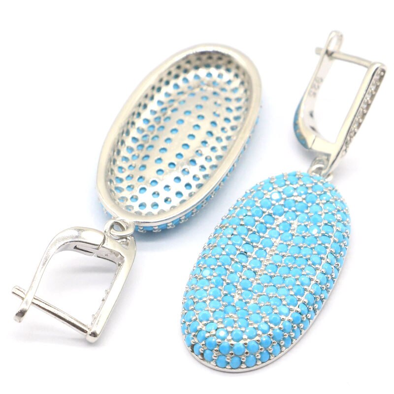 925 Sterling Silver Blue Turquoise Pendant Earrings Set for Ladies