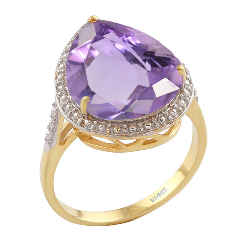 V3 Jewelry 18KT Gold Over Sterling Silver with 6.50CT Natural Amethyst Tear Drop Solitaire Ring for Women