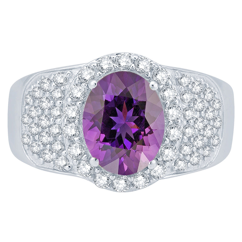 V3 Jewelry Natural Amethyst & White Topaz Sterling Silver Halo Ring