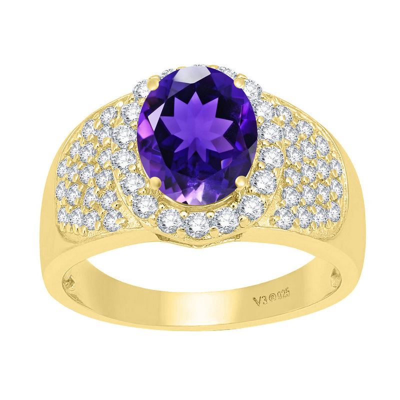 V3 Jewelry Natural Amethyst & White Topaz 18K Gold plated Sterling Silver Halo Ring