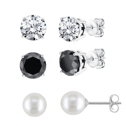 V3 Jewelry Set of Three Sterling Silver Earrings Natural Black Spinel, White Topaz and Cultured Pearl