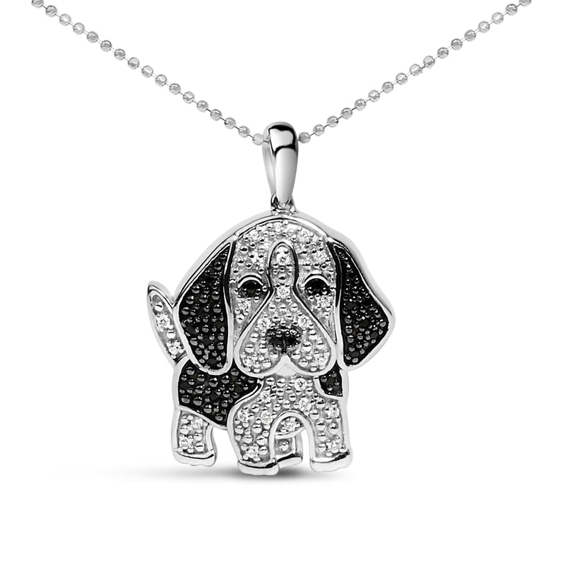 .925 Sterling Silver 1/4 Cttw White and Black Diamond Basset Hound Dog Pendant Necklace 18 inch (I-J Color, I2-I3 Clarity)