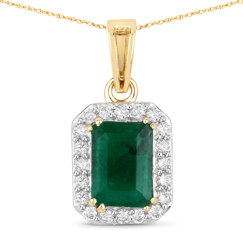 1.26 Carat Genuine Zambian Emerald and White Diamond 14K Yellow Gold Pendant