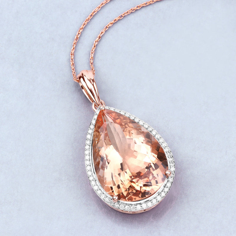 15.48 Carat Genuine Morganite and White Diamond 14K Rose Gold Pendant