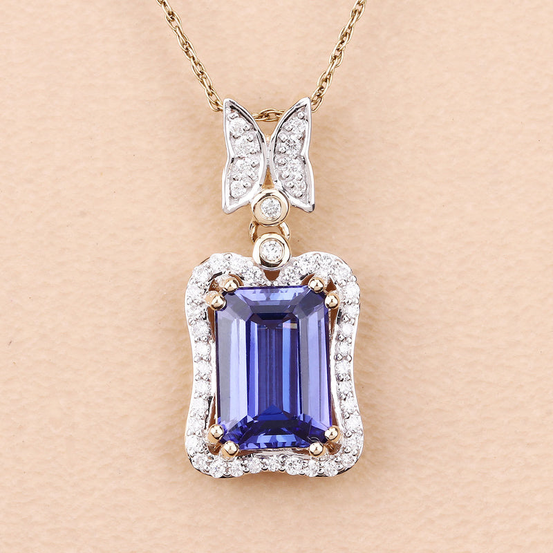 2.85 Carat Genuine Tanzanite and White Diamond 14K Yellow Gold Pendant