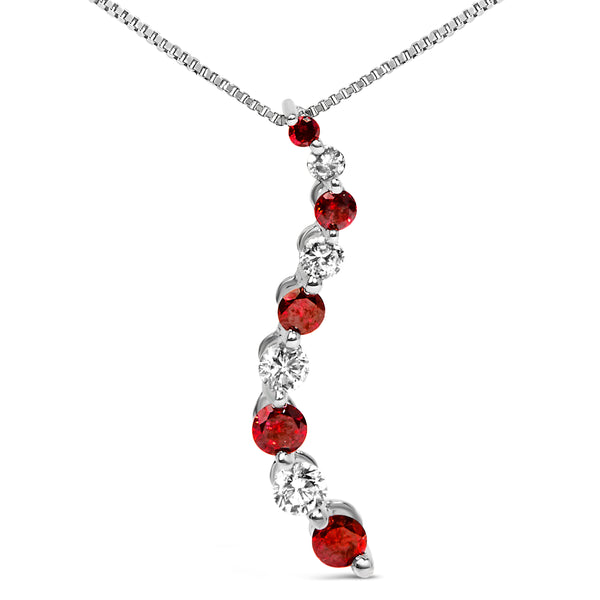 14K White Gold 1.0 Cttw Alternating Treated Red and White Diamond Journey 18" Pendant Necklace (H-I Color, I1-I2 Clarity)