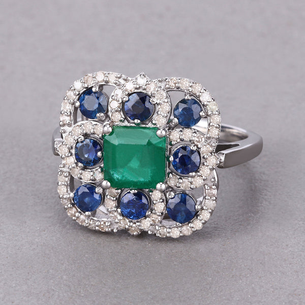 2.60 Carat Genuine Blue Sapphire, Emerald and White Diamond .925 Sterling Silver Ring