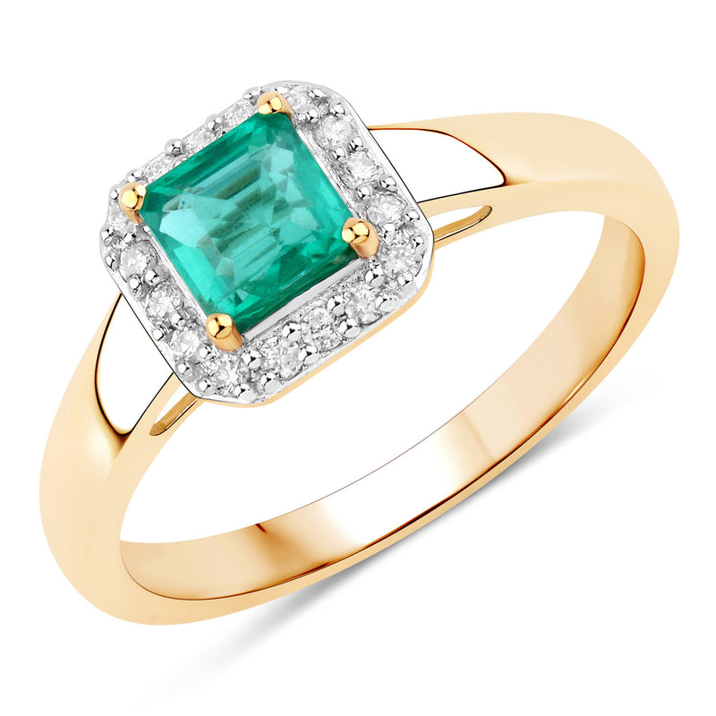 0.77 Carat Genuine Zambian Emerald and White Diamond 14K Yellow Gold Ring