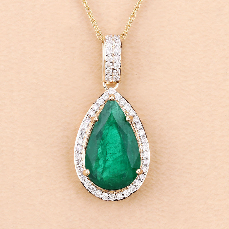 IGI Certified 3.22 Carat Genuine Zambian Emerald and White Diamond 14K Yellow Gold Pendant