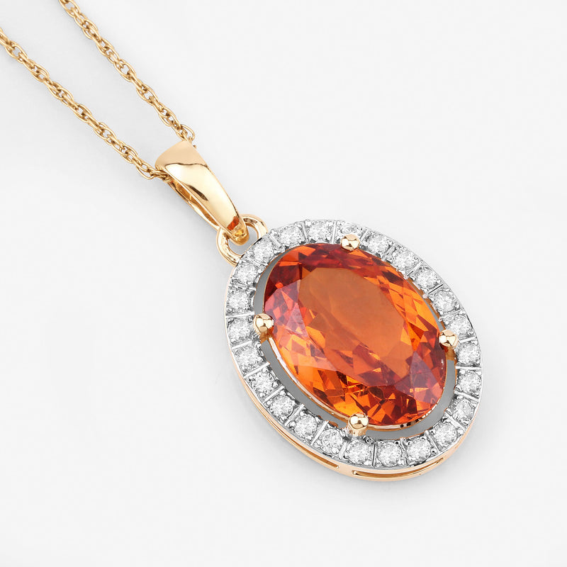 4.46 Carat Genuine Spessartite Garnet and White Diamond 14K Yellow Gold Pendant