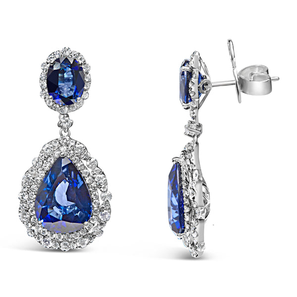 18K White Gold Blue Sapphire 2 3/4 Cttw Diamond Halo Drop Dangle Earring (G-H Color, SI1-SI2 Clarity)