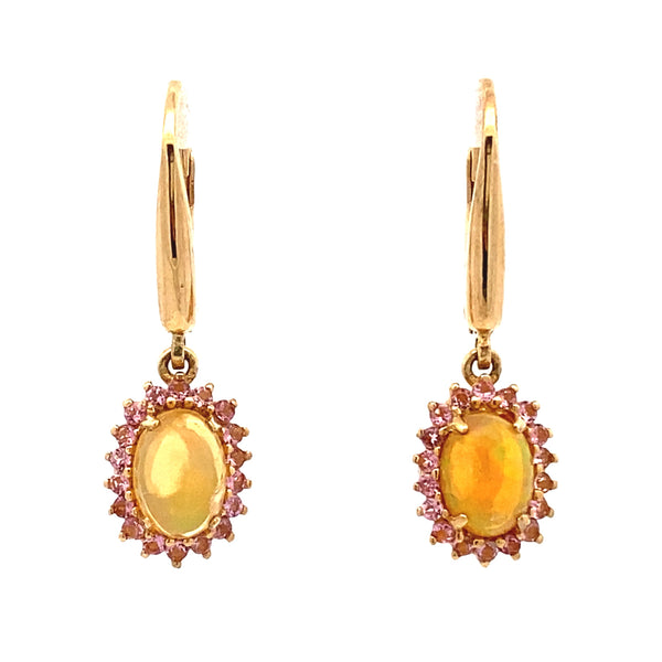 Genuine Opal Topaz Dangle Earrings 14KT Yellow Gold