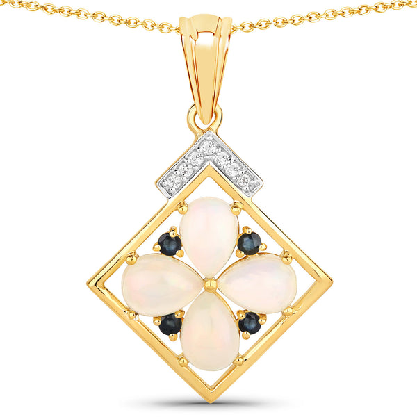 1.63 Carat Genuine Ethiopian Opal, Blue Sapphire and White Topaz .925 Sterling Silver Pendant