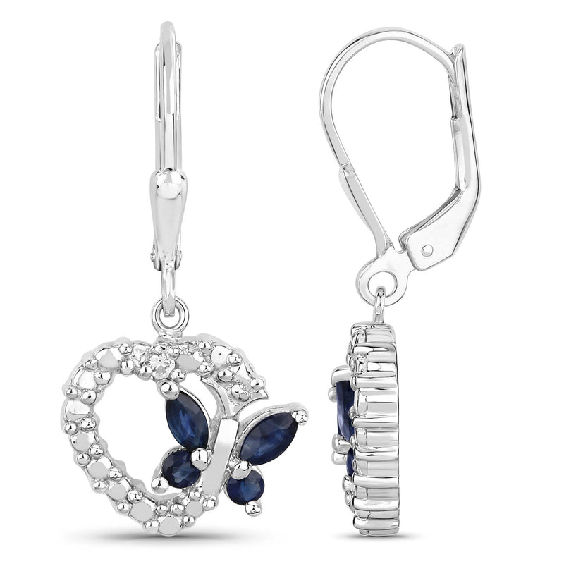 0.57 Carat Genuine Blue Sapphire and Created White Sapphire .925 Sterling Silver Earrings