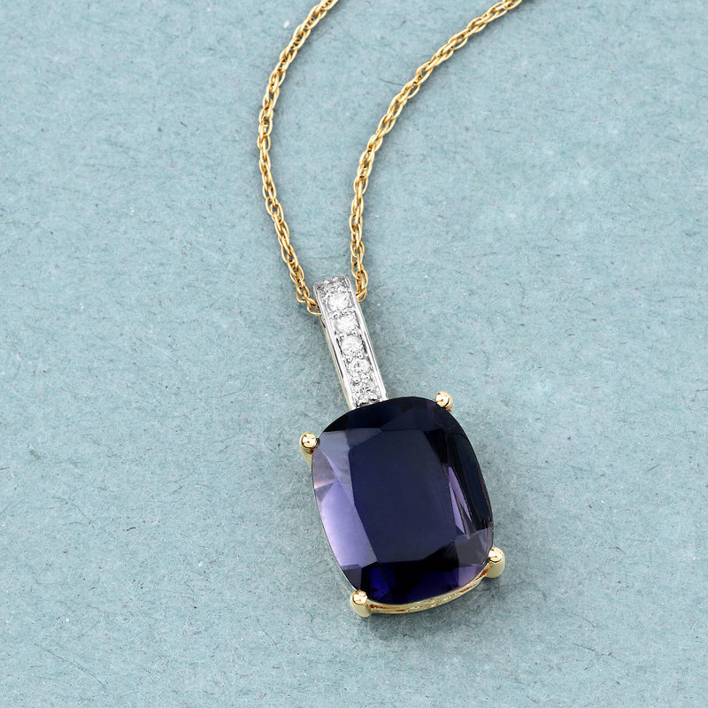 3.06 Carat Genuine Iolite and White Diamond 14K Yellow Gold Pendant